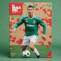 A vibrant cereal box featuring a dynamic illustration of football star Cristiano Ronaldo in action, detail-rich with soccer ball themed cereal bits, background of a football pitch, green and red color scheme with health benefits listed on the side.