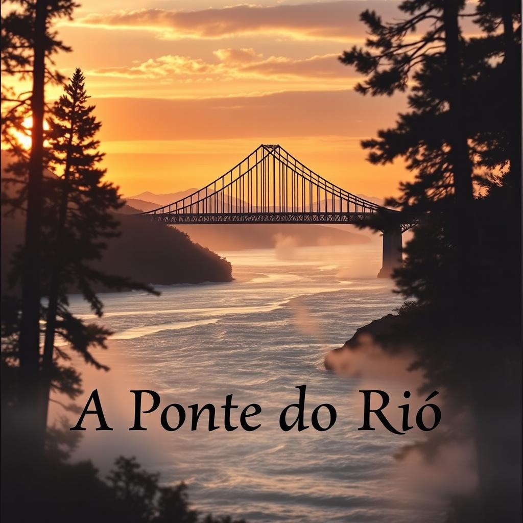 A captivating book cover for "A Ponte do Rio", featuring a majestic and mysterious bridge spanning across a wide, flowing river