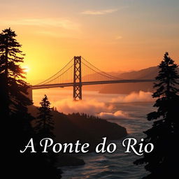 A captivating book cover for "A Ponte do Rio", featuring a majestic and mysterious bridge spanning across a wide, flowing river