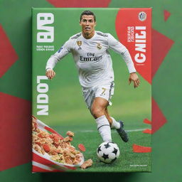 A vibrant cereal box featuring a dynamic illustration of football star Cristiano Ronaldo in action, detail-rich with soccer ball themed cereal bits, background of a football pitch, green and red color scheme with health benefits listed on the side.