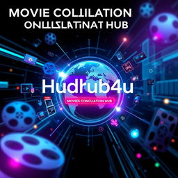 A cinematic poster showcasing movie elements with a focus on a stylized depiction of a futuristic, holographic interface displaying a movie consolidation hub concept