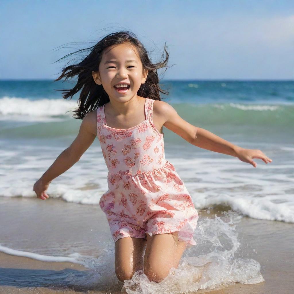 An adorable Asian girl at the beach, skipping through the surf, her clothes soaked by the playful ocean waves. She's full of joy, laughter lighting up her face under the sunny sky.