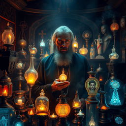 A mystical and enigmatic man surrounded by a collection of miraculous artifacts