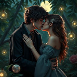 A romantic and intimate scene featuring a representation of Harry and Hermione in an enchanted garden