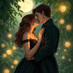 A romantic and intimate scene featuring a representation of Harry and Hermione in an enchanted garden