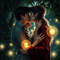 A romantic and intimate scene featuring a representation of Harry and Hermione in an enchanted garden