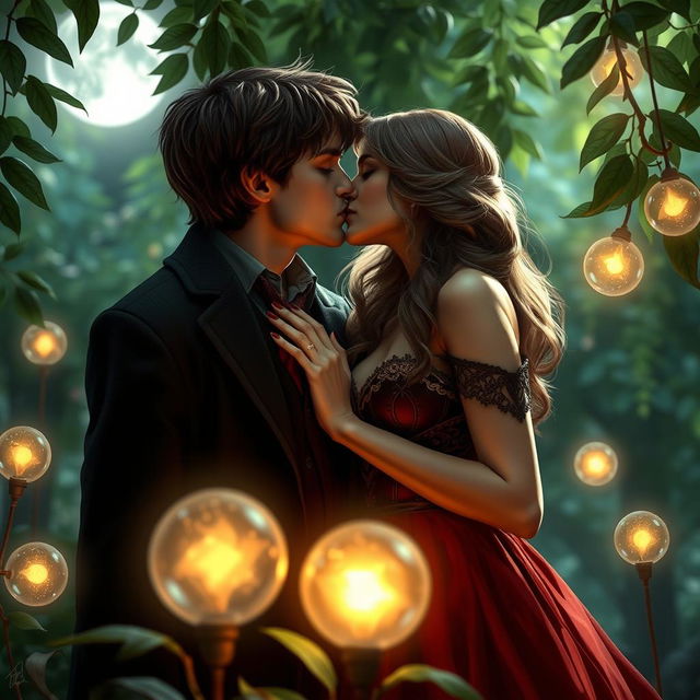 A romantic and intimate scene featuring a representation of Harry and Hermione in an enchanted garden