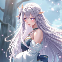 Beautiful waifu character with long flowing hair, alluring eyes, in an ethereal fantasy setting, emphasizing elegance and charm