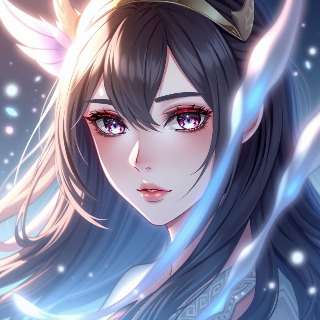 Beautiful waifu character with long flowing hair, alluring eyes, in an ethereal fantasy setting, emphasizing elegance and charm