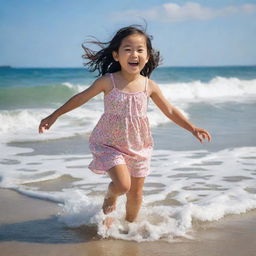 An adorable Asian girl at the beach, skipping through the surf, her clothes soaked by the playful ocean waves. She's full of joy, laughter lighting up her face under the sunny sky.