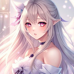 Beautiful waifu character with long flowing hair, alluring eyes, in an ethereal fantasy setting, emphasizing elegance and charm