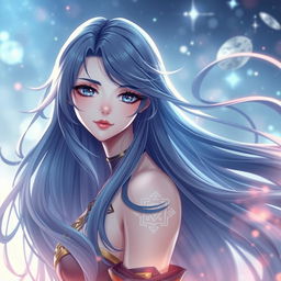 Beautiful waifu character with long flowing hair, alluring eyes, in an ethereal fantasy setting, emphasizing elegance and charm