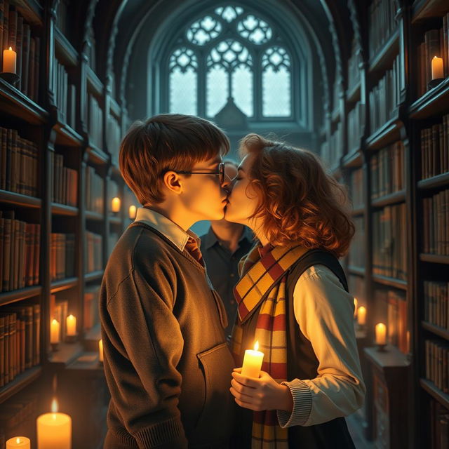 In the setting of the Hogwarts library, Harry Potter and Hermione Granger share a tender kiss as Ron Weasley watches them with a mixture of surprise and amusement