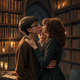 In the setting of the Hogwarts library, Harry Potter and Hermione Granger share a tender kiss as Ron Weasley watches them with a mixture of surprise and amusement