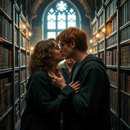 In the setting of the Hogwarts library, Harry Potter and Hermione Granger share a tender kiss as Ron Weasley watches them with a mixture of surprise and amusement