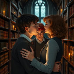 In the setting of the Hogwarts library, Harry Potter and Hermione Granger share a tender kiss as Ron Weasley watches them with a mixture of surprise and amusement