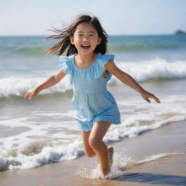 An adorable Asian girl at the beach, skipping through the surf, her clothes soaked by the playful ocean waves. She's full of joy, laughter lighting up her face under the sunny sky.