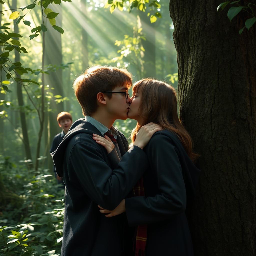 In a magical forest surrounded by lush greenery and beams of sunlight filtering through the leaves, Harry Potter and Hermione Granger share a tender and magical kiss