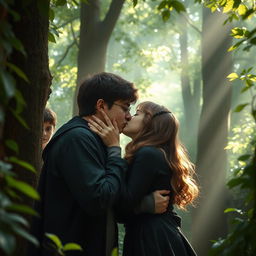 In a magical forest surrounded by lush greenery and beams of sunlight filtering through the leaves, Harry Potter and Hermione Granger share a tender and magical kiss