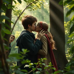 In a magical forest surrounded by lush greenery and beams of sunlight filtering through the leaves, Harry Potter and Hermione Granger share a tender and magical kiss