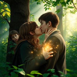 In a magical forest surrounded by lush greenery and beams of sunlight filtering through the leaves, Harry Potter and Hermione Granger share a tender and magical kiss