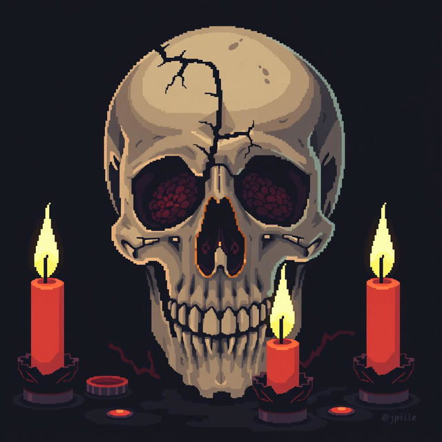 A pixel art depiction of a broken skull with visible brain matter, surrounded by traditional Japanese candles