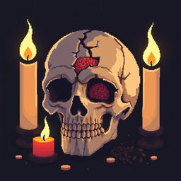 A pixel art depiction of a broken skull with visible brain matter, surrounded by traditional Japanese candles