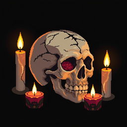 A pixel art depiction of a broken skull with visible brain matter, surrounded by traditional Japanese candles