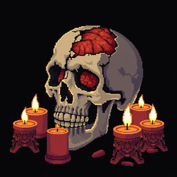 A pixel art depiction of a broken skull with visible brain matter, surrounded by traditional Japanese candles