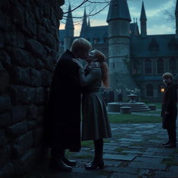 In a secluded corner of the Hogwarts grounds, Viktor Krum and Hermione Granger share a secret, tender kiss under the cover of twilight