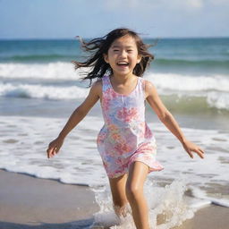 An adorable Asian girl at the beach, skipping through the surf, her clothes soaked by the playful ocean waves. She's full of joy, laughter lighting up her face under the sunny sky.