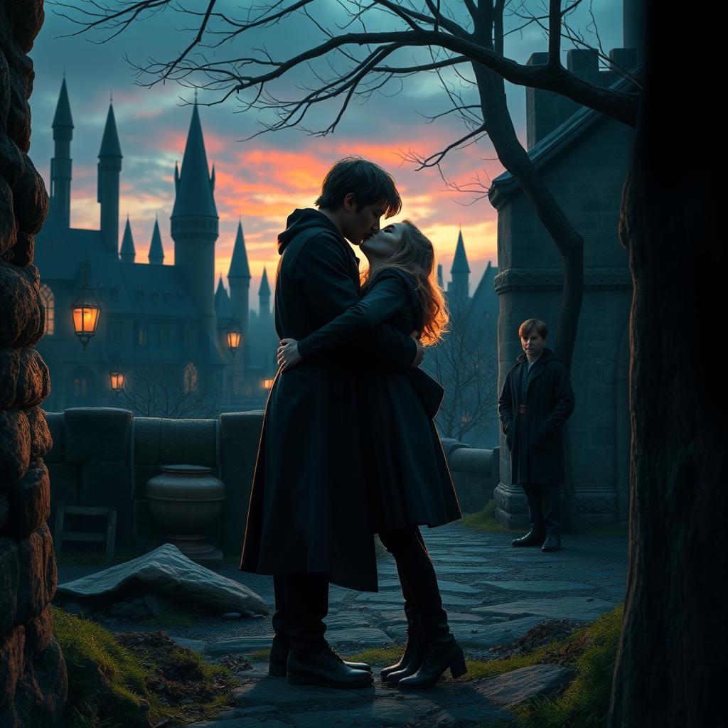 In a secluded corner of the Hogwarts grounds, Viktor Krum and Hermione Granger share a secret, tender kiss under the cover of twilight