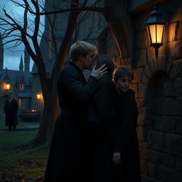 In a secluded corner of the Hogwarts grounds, Viktor Krum and Hermione Granger share a secret, tender kiss under the cover of twilight