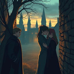 In a secluded corner of the Hogwarts grounds, Viktor Krum and Hermione Granger share a secret, tender kiss under the cover of twilight