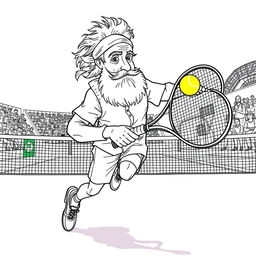 Jules Verne depicted as a tennis player in a lively match on a modern tennis court