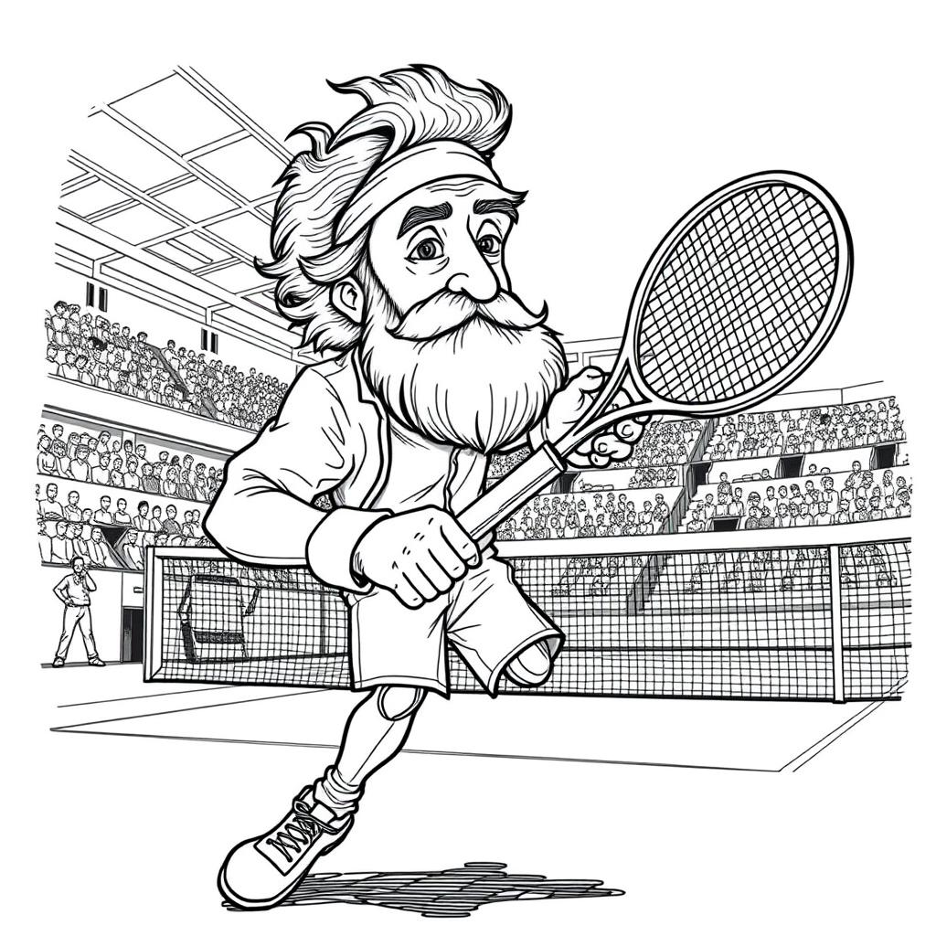 Jules Verne depicted as a tennis player in a lively match on a modern tennis court