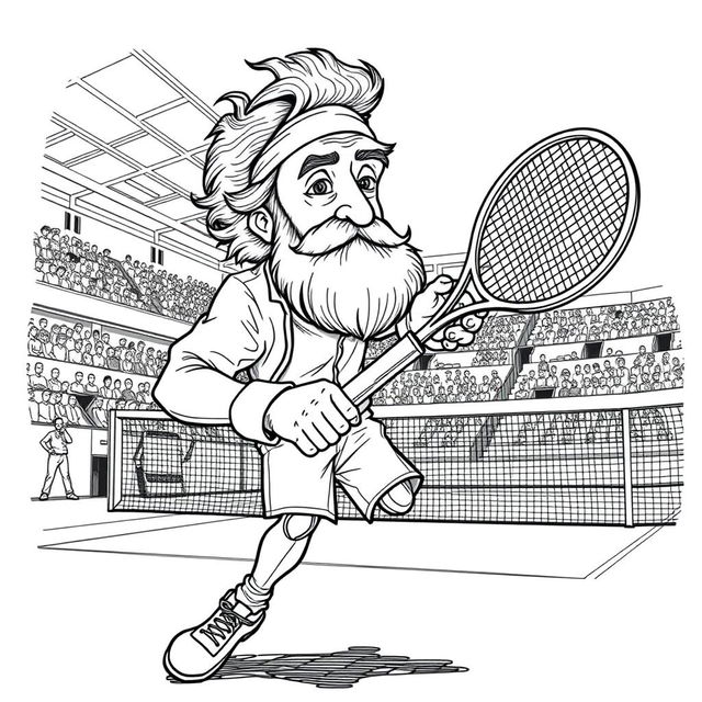 Jules Verne depicted as a tennis player in a lively match on a modern tennis court