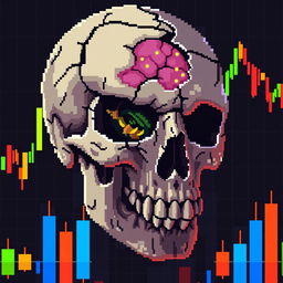 A pixel art scene featuring a broken skull with exposed brain tissue, intertwined with vibrant market candles, reflecting financial data in the traditional candlestick chart style