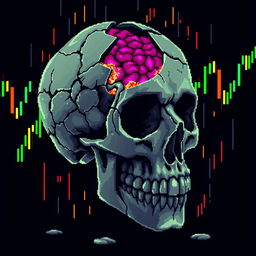 A pixel art scene featuring a broken skull with exposed brain tissue, intertwined with vibrant market candles, reflecting financial data in the traditional candlestick chart style