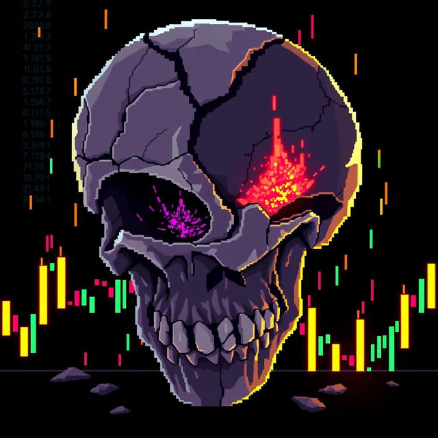 A pixel art scene featuring a broken skull with exposed brain tissue, intertwined with vibrant market candles, reflecting financial data in the traditional candlestick chart style