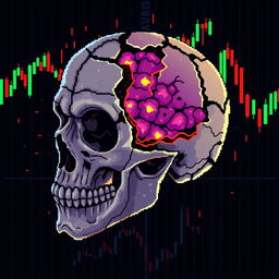 A pixel art scene featuring a broken skull with exposed brain tissue, intertwined with vibrant market candles, reflecting financial data in the traditional candlestick chart style