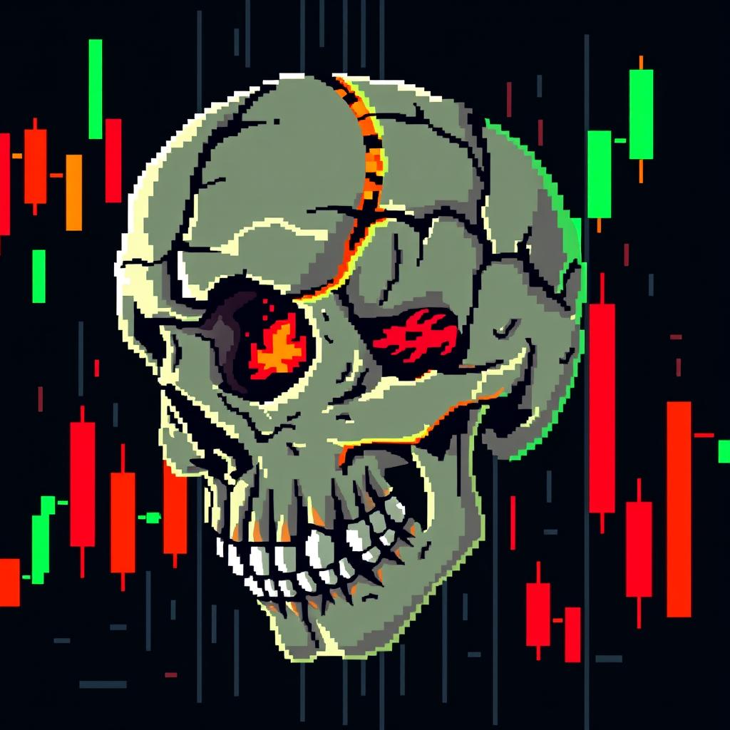 A pixel art composition featuring a broken skull with visible brain matter, intertwined with vibrant market candles resembling a financial candlestick chart