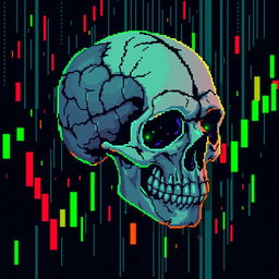 A pixel art composition featuring a broken skull with visible brain matter, intertwined with vibrant market candles resembling a financial candlestick chart