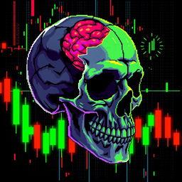 A pixel art composition featuring a broken skull with visible brain matter, intertwined with vibrant market candles resembling a financial candlestick chart