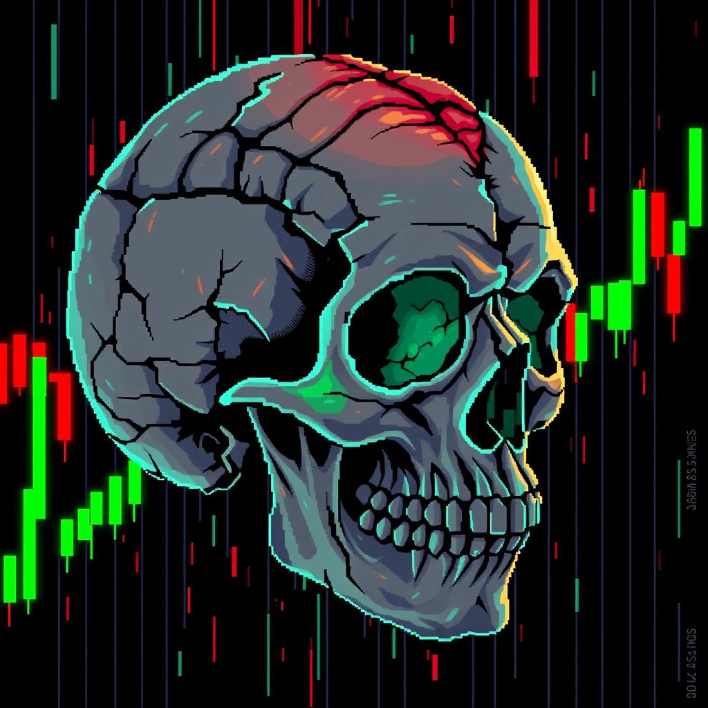 A pixel art composition featuring a broken skull with visible brain matter, intertwined with vibrant market candles resembling a financial candlestick chart