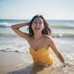 A charming Asian woman at the beach, gleefully splashing in the water. Her clothes are wet from the waves, and her face radiates joy and playfulness under the brilliant sun.