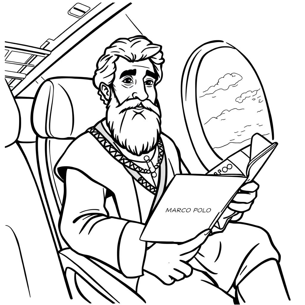 Marco Polo depicted as a passenger on a modern airplane, seated comfortably next to a window with an in-flight magazine open on his lap