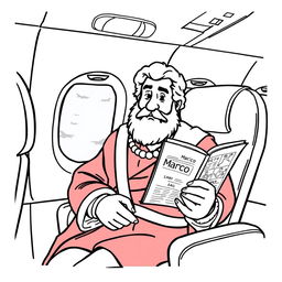 Marco Polo depicted as a passenger on a modern airplane, seated comfortably next to a window with an in-flight magazine open on his lap