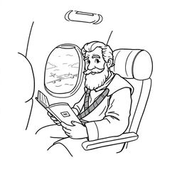 Marco Polo depicted as a passenger on a modern airplane, seated comfortably next to a window with an in-flight magazine open on his lap