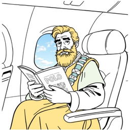 Marco Polo depicted as a passenger on a modern airplane, seated comfortably next to a window with an in-flight magazine open on his lap